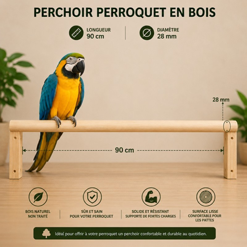 PERCHOIR EN BOIS / PERROQUET  - 90CM X DIAM 28MM