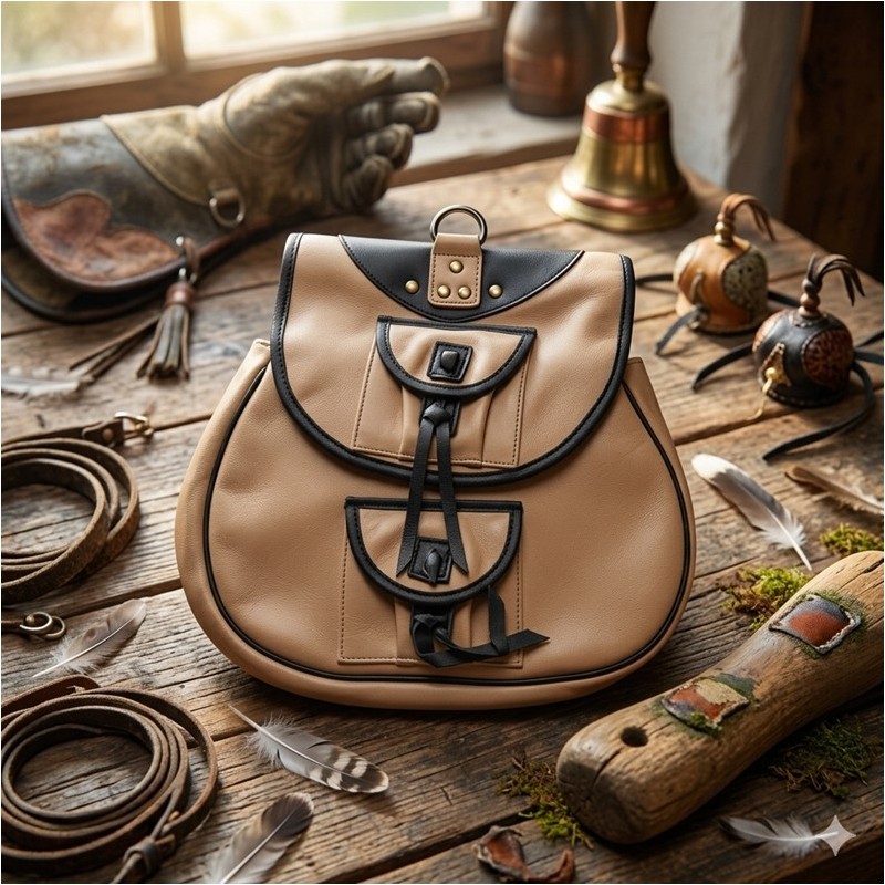 SACOCHE DE CUIR NATUREL AVEC  2 POCHETTES