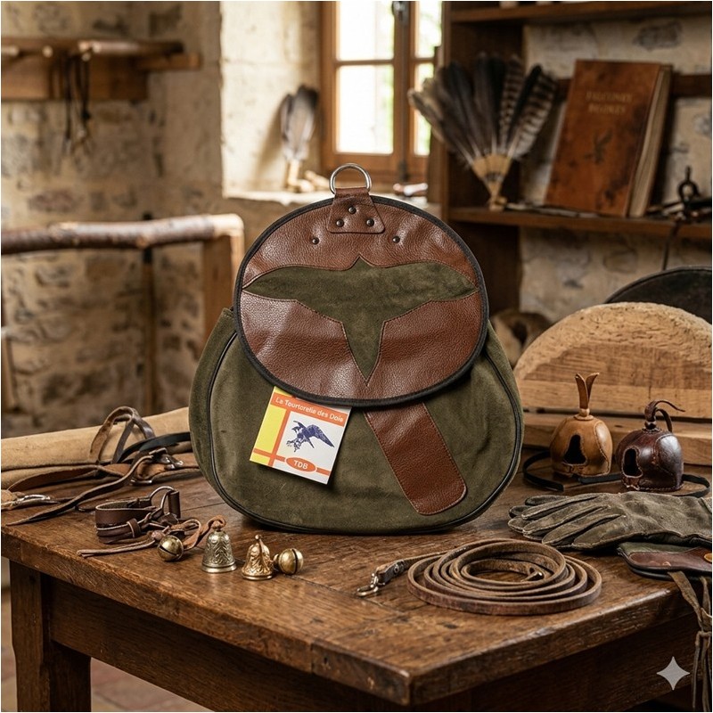 SACOCHE DE CUIR NUBUCK VERT OLIVE AVEC  DÉCOUPE OISEAU MARRON