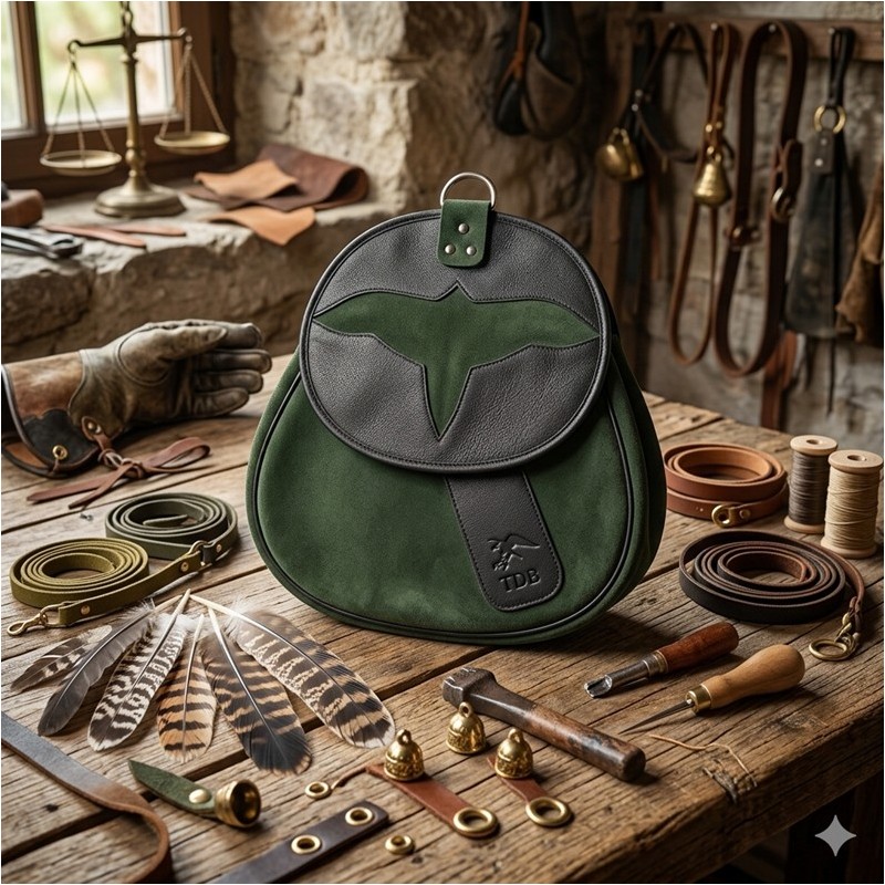 SACOCHE DE CUIR NUBUCK VERT OLIVE AVEC DÉCOUPE OISEAU BLEU MARINE