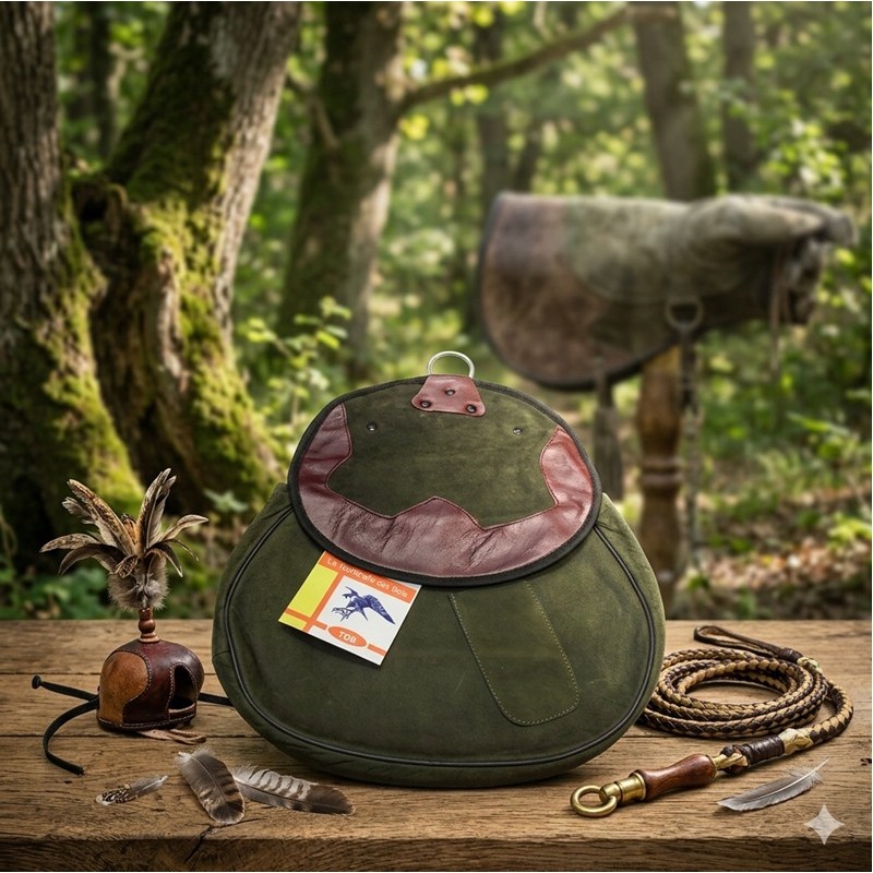 SACOCHE DE CUIR NUBUCK VERT OLIVE AVEC DÉCOUPE  BORDEAU