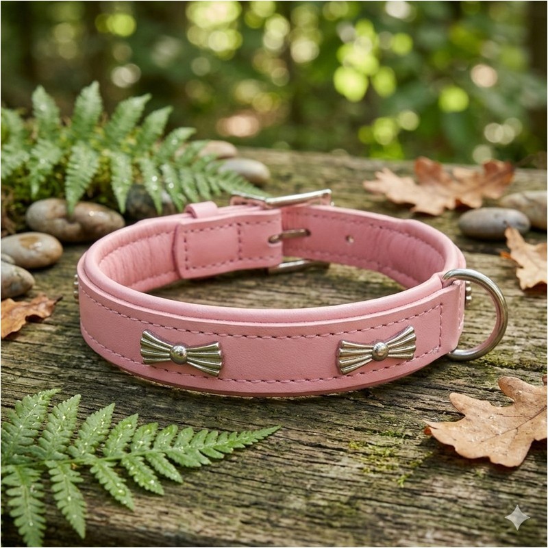 TDB COLLIER LUXE EN CUIR ROSE MOTIFS NOEUDS 45 CM